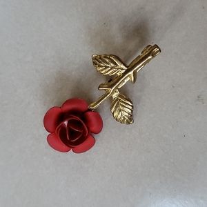 Vintage Gold Pin Brooch Red Rose Flower